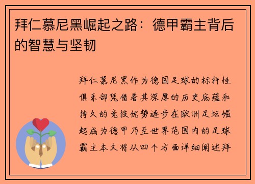 拜仁慕尼黑崛起之路：德甲霸主背后的智慧与坚韧