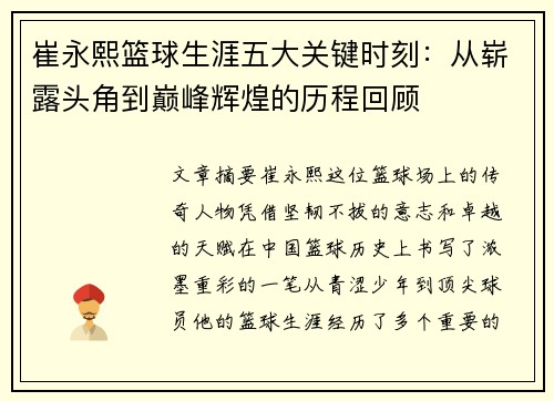 崔永熙篮球生涯五大关键时刻：从崭露头角到巅峰辉煌的历程回顾